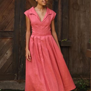 Cap sleeves linen dress VIVIEN, V-neck linen dress, Pleated midi dress, Elegant linen dress, Linen dress women, Custom dress, Casual dresses