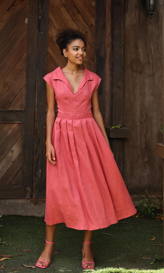 knee length dresses for ladies Harlow Cap Sleeve Dress in Lavender Linen Made From European Linen – KAL  RIEMAN