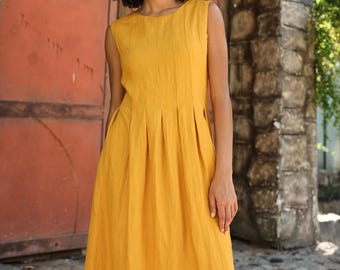 Ärmelloses Rundhalsausschnitt A-Linie Leinen Kleid MABEL, Hochzeitsgast Kleid, Passgenau