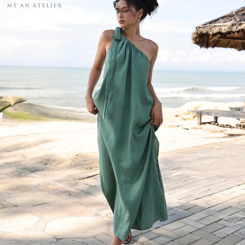 One Shoulder Maxi Linen Dress Aster, Wedding Guest Dress, Custom Fit