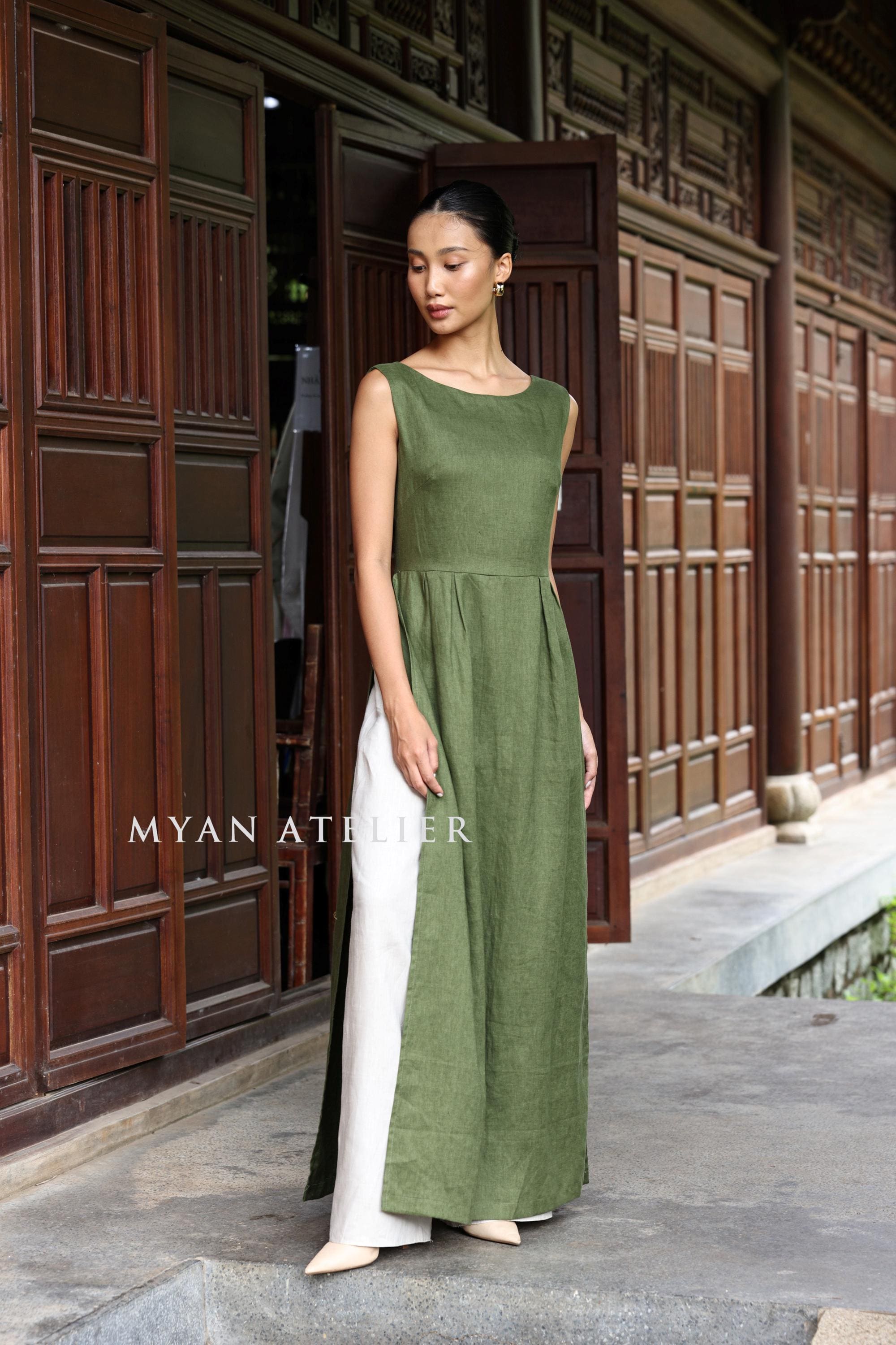 Long Sleeveless Linen Tunic Dress AVELINE, Side Slit Linen Tunic