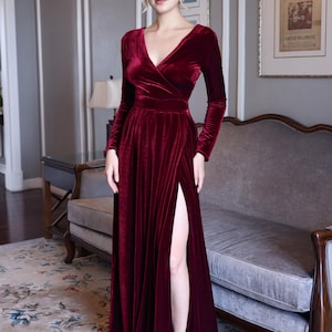V-neck velvet dress MYRA, Long sleeve wine velvet dress, Velvet bridesmaid dress, Wedding guest dress, Velvet dress for women, Custom dress
