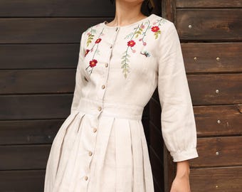 Hand Embroidered A-Line Silhouette Linen Dress OLIN, Wedding Guest Dress, Custom fit