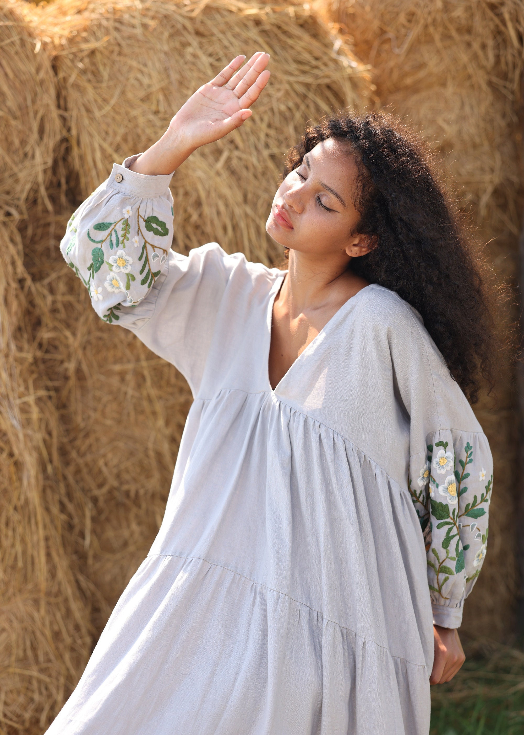 Hand Embroidered V-neck High-low Linen Dress NAOMI, Wedding Guest Dress, Custom fit Hand Embroidered V-neck High-low Linen Dress NAOMI, Wedding Guest Dress, Custom fit