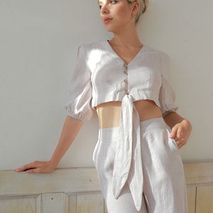 Linen Crop Top and Pants in Various Color, Linen Outfit with Wide Leg Pants, Summer Matching Set, Linen Two Piece Set, Custom Tailoring