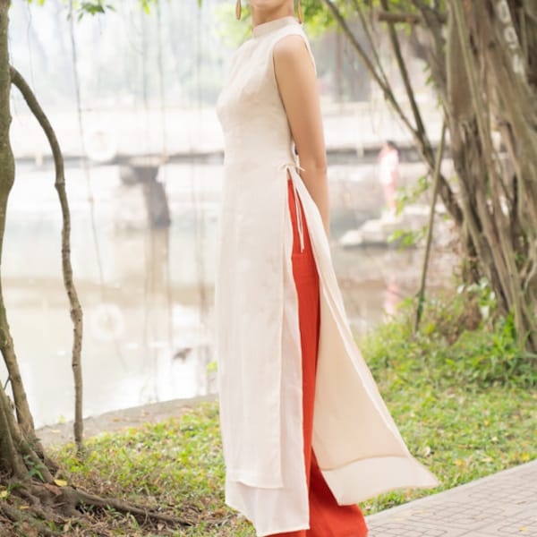 Sleeveless linen ao dai, Double layer linen ao dai, Modern ao dai, Ao dai with pants, Vietnamese bridesmaid dress, Custom ao dai LA-W31