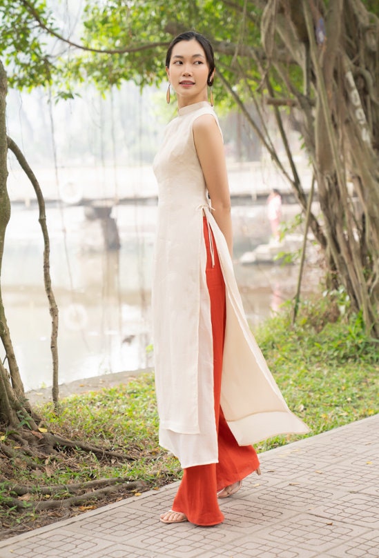 Sleeveless linen ao dai, Double layer linen ao dai, Linen Sleeveless linen ao dai, Double layer linen ao dai, Linen