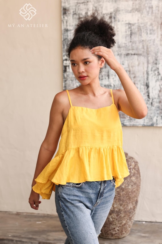 【THE MOZZ】Dev Linen Sleeveless Setup Linen Sleeveless Ruffle Top LOV, Linen Top With Spaghetti