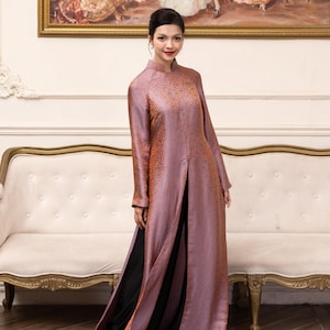 Vietnamese long dress, Front slit dress, Silk ao dai, Traditional Vietnamese dress, Plus size ao dai, Vietnamese wedding guest dress AS88