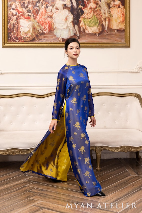 Traditional Vietnamese dress, Silk ao dai for women, Blue Vietnamese dress, Vietnamese wedding guest dress, Custom made ao dai AS95
