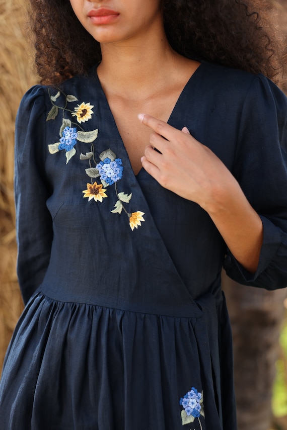 Hand Embroidered Deep V-neck Wrap Linen Dress IVY, Wedding Guest Dress, Custom fit