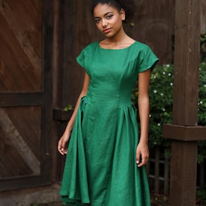 Cap sleeves linen dress CARDINIA, Linen midi dress, Linen dress women, Summer dress, Wedding guest dress, Fit and flare dress, Custom dress