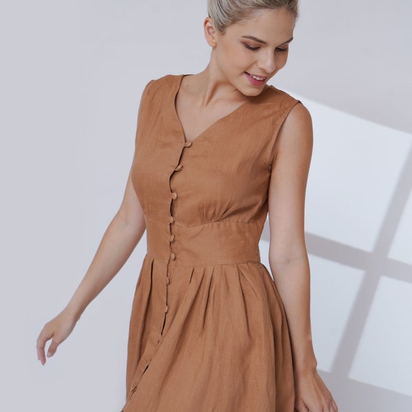 Linen Button-Down Dress TARA, Sleeveless V-Neck, Calf Length, Custom Made, Women's Apparel