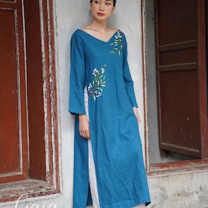 Handmade embroidery ao dai, Loose ao dai, Embroidered tunic, Linen ao dai, Plus size ao dai, Modern ao dai casual, Custom ao dai ELA-W19