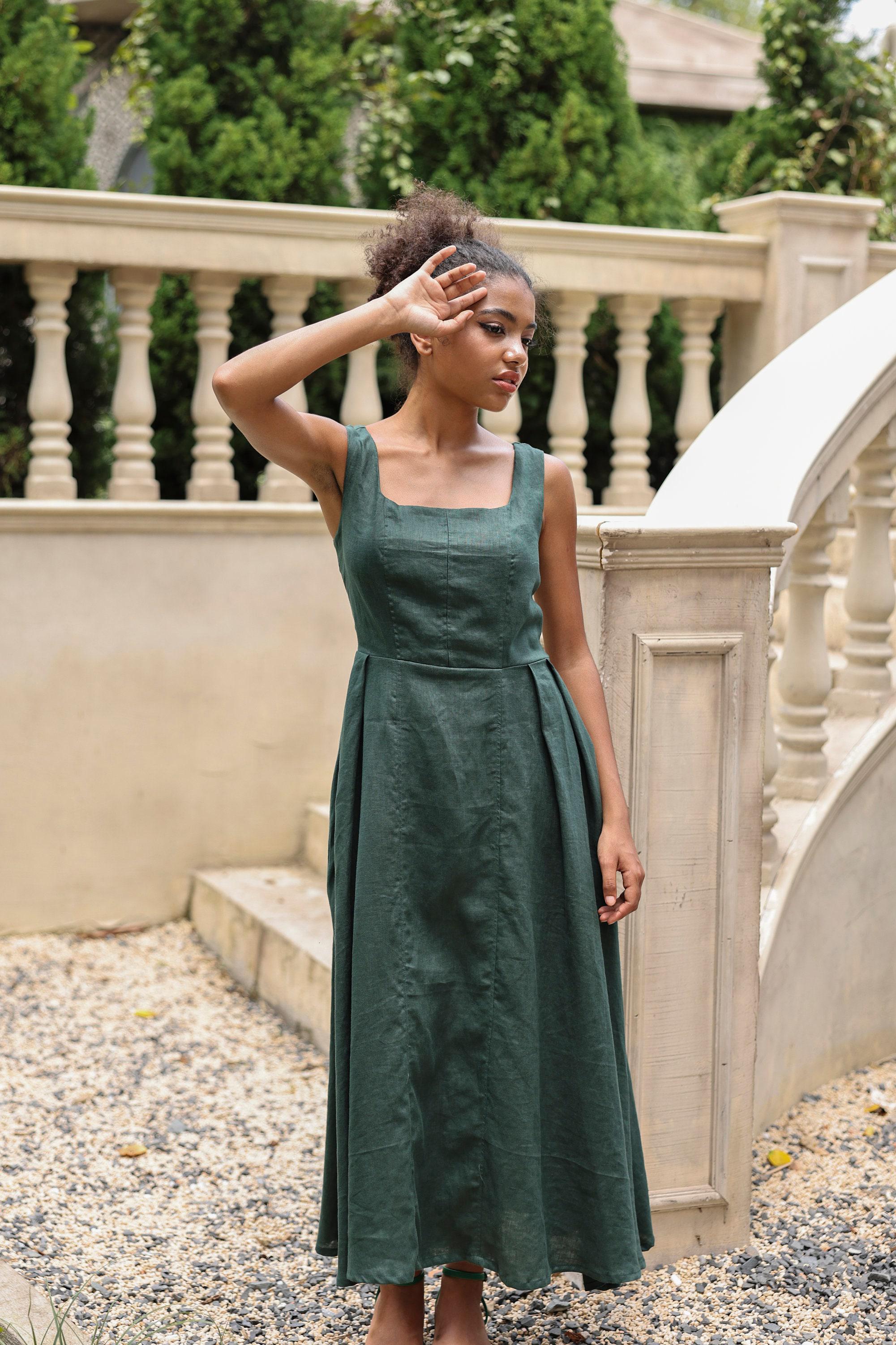 chinese dress ladies Linen Maxi Dress with Pockets