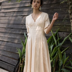 V-neck linen dress with sleeves MARIANA, Elegant linen dress, Tea length dress, a-line linen dress, Linen boho dress, Wedding guest dress