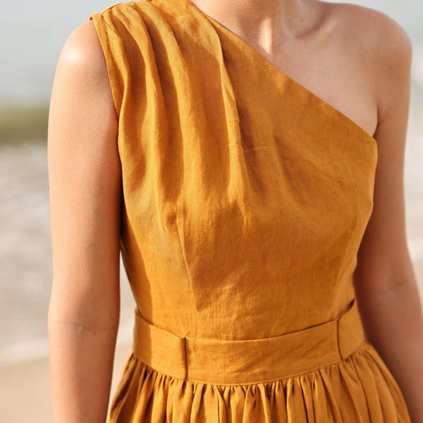 One Shoulder Linen Dress ALINA, Maxi sundress with Pockets, Women Clothing, Wedding guest dress, Custom fit