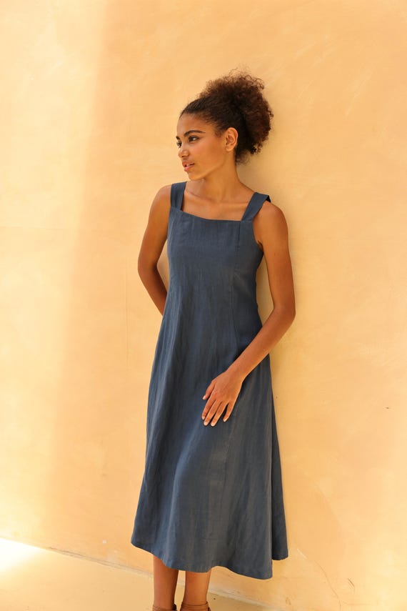 Sleeveless Square Neck Linen Dress Noelle, Wedding Guest Dress, Custom Fit