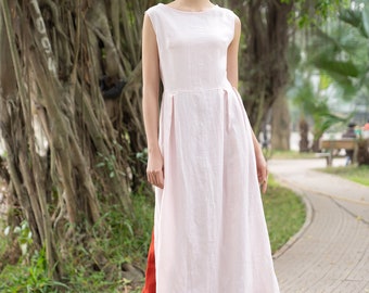 Sleeveless linen ao dai for women, Summer linen ao dai women, Ao dai woment with pants, Linen ao dai tunic dress, Vietnamese ao dai women