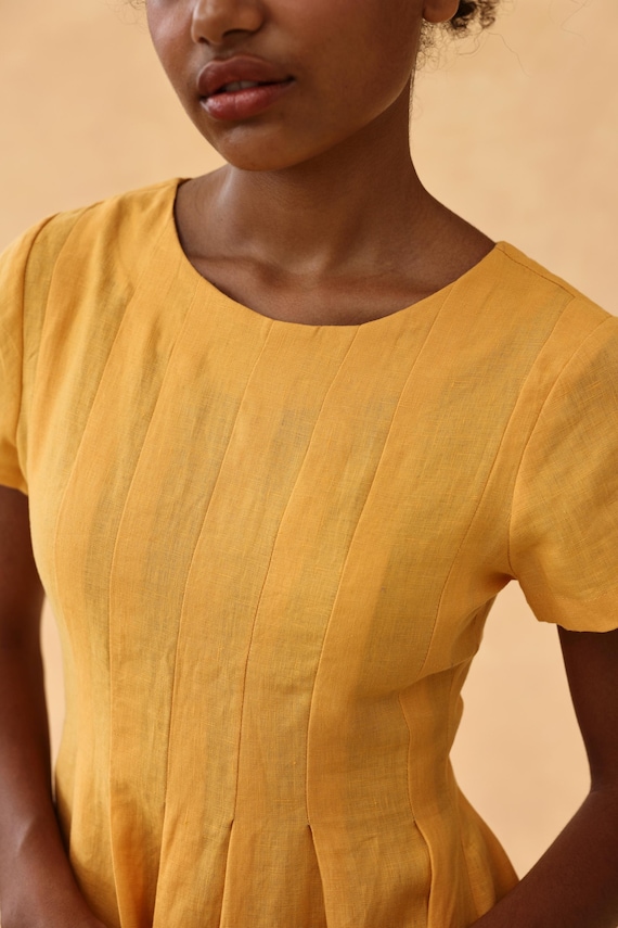 Crew Neckline Pleated Midi Flare Linen Dress VERONA, Wedding guest dress, Custom fit