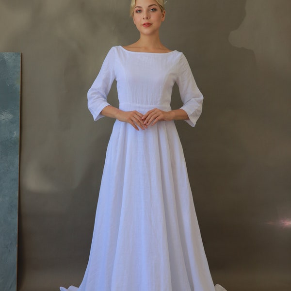 Modest Linen Wedding dress, White Linen Long Sleeve Dress, Fall Linen Wedding Dress, Linen Bridal Dress Simple, Casual Linen Wedding Dress
