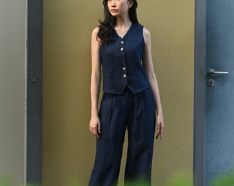 Linen Waistcoat Women GLORY, Linen Short Vest Top for Women, 2 Piece Pant Suit, Sleeveless Linen Top, Boho Waistcoat Linen
