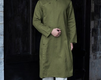 Linen ao dai for men, Green ao dai men, Men ao dai tunic, Ao dai men modern, Traditional male vietnamese clothing, Custom ao dai men