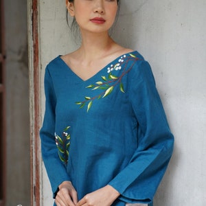 Handmade embroidery ao dai, Loose ao dai, Embroidered tunic, Linen ao dai, Plus size ao dai, Modern ao dai casual, Custom ao dai ELA-W19