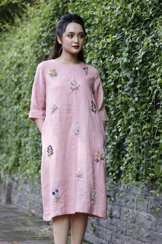 chinese dress ladies Navy Heirloom Embroidered Linen Shirt Dress Med