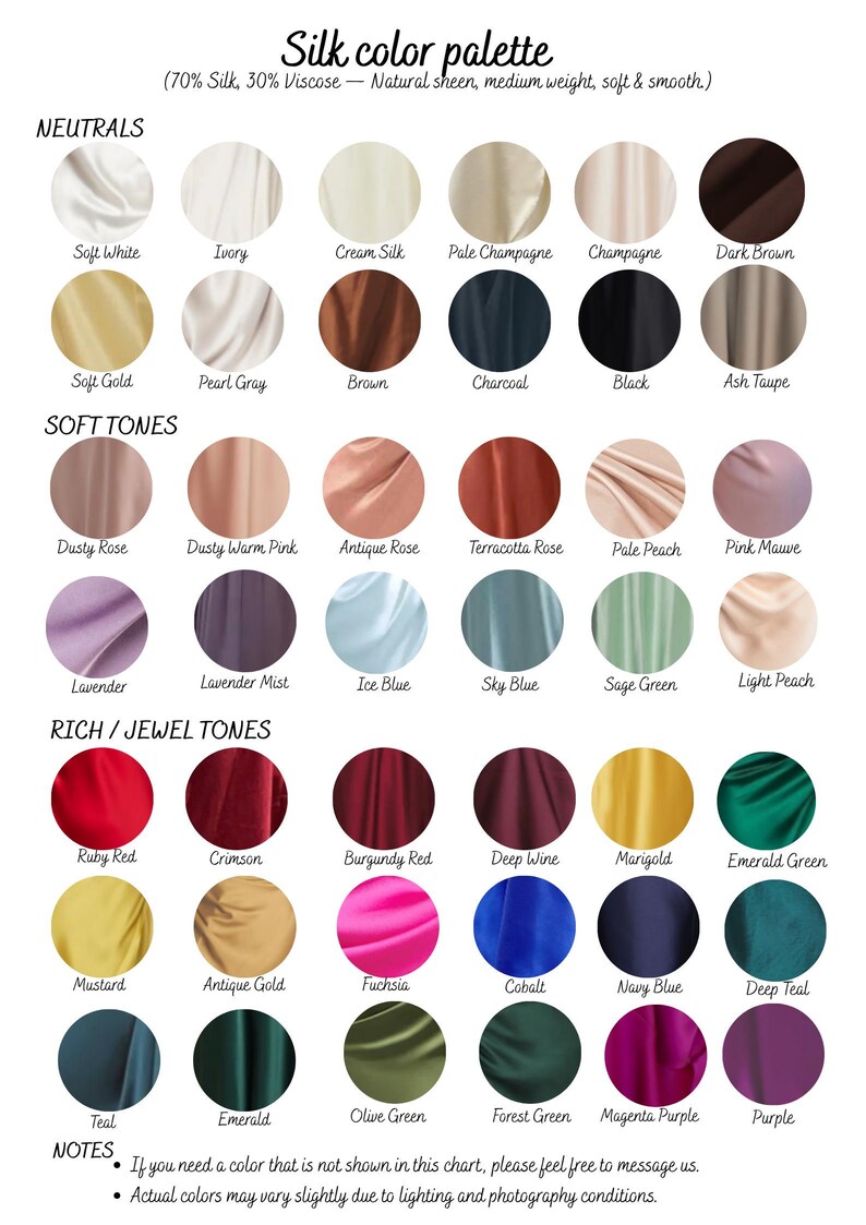 Curated bridal color palette featuring ivory, soft white, champagne, blush, and custom shades available for handcrafted lace and silk wedding dresses.