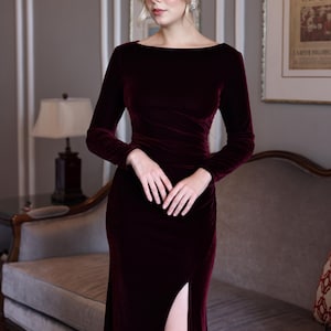 Bridesmaid velvet dress ORLA, Boat neck velvet dress, Velvet slit dress, Wine velvet dress, Wedding guest dress, Velvet dress for women