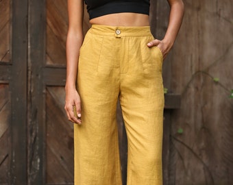 Linen palazzo pants HIDA, Elastic back waistband pants, Linen pants women, High waisted pants, Linen trousers, Half elastic waistband pants