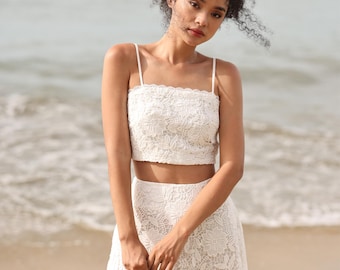 Lace Crop Top and Skirt Set Amor, Lace Floral Two Piece Wedding Dress, Boho Lace Wedding Dress, Wedding Lace Set, 2 Pieces Wedding Dress