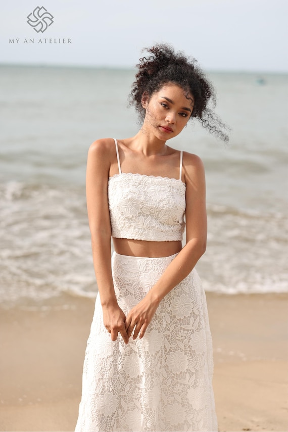 knee length dresses for ladies Two Piece Beach Wedding Dresses Long Sleeve Lace Top Wedding Dresses AWD1124