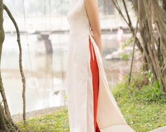 Sleeveless linen ao dai, Double layer linen ao dai, Modern ao dai, Ao dai with pants, Vietnamese bridesmaid dress, Custom ao dai LA-W31