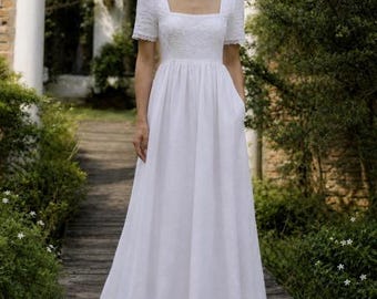 Custom linen wedding dress with hand-embroidery