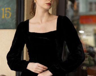 Long sleeves velvet dress women LISA, Black dress, Velvet bridesmaid dress, Elegant velvet dress, Party dress, Custom dress, long dress