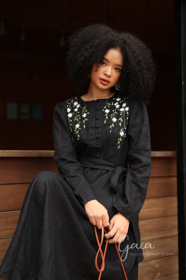 Black Linen Dress SEUL, Hand Embroidered Linen Dress, Vintage  