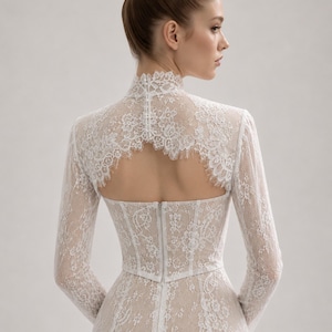 cover up for halter wedding dress Lace A-Line Halter Wedding Dress with 3D Flower Sleeves, Waspie Corset & Chapel Train