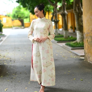 Lotus print ao dai, Linen modern ao dai, Vietnamese ao dai, Ao dai women with pants, Traditional Vietnamese costume, Ao dai vietnam LA-W28