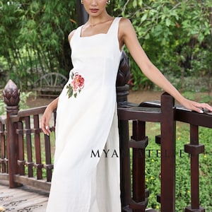 Ärmelloses Leinen-Ao-Dai-Kleid, Handbesticktes Ao-Dai-Kleid, Modernes ethn