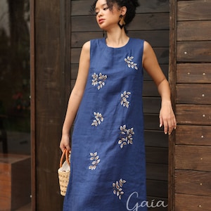 Floral embroidered dress NYLA, Linen midi dress, Summer linen dress, Sleeveless dress, Embroidered linen dress, Custom dress, Casual dress