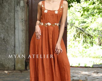 Hand Embroidered Square Neck Linen Dress CLAY, Wedding Guest Dress, Custom fit