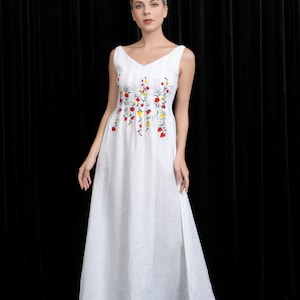 Hand-embroidered dress beach wedding BELLA, Linen wedding dress, Sleeveless wedding dress, Unique floral wedding dress, V-neck wedding dress