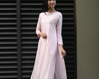 Pink silk ao dai, Mulberry silk ao dai, Ao dai women with pants, Ao dai tunic dress, Pink wedding ao dai, Ao dai for girls, Ao dai plus size