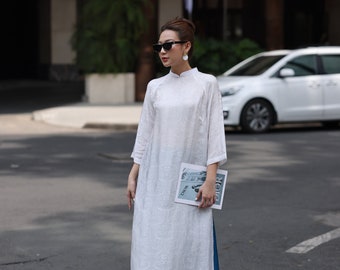 High Collar Silk Vietnamese Tunic Dress, Traditional Silk Ao Dai, Custom Size AS51