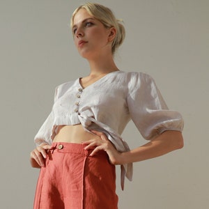 Linen crop top blouse, Button blouse women, Short sleeves blouse, V neck linen  blouse, Linen shirt women, Linen summer top, Plus size top