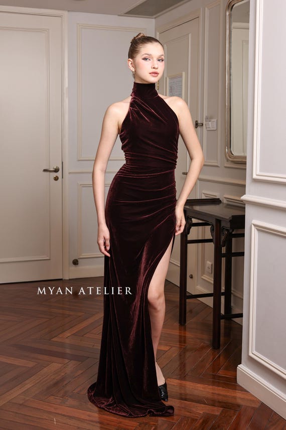 erl velvet halter dress Halter Neck Velvet Gown ORAYA, Ruched Waist Gala Dress, Custom Fit