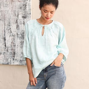 Linen tie front top ZENDA, Tie-front ruffled linen blouse, Linen top with puff sleeves, Linen blouses for women, Linen blouse with bows