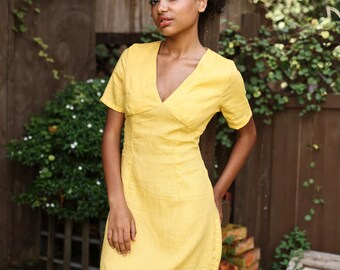 Lemon Linen Mini Dress Sophia Linen V Neck Long Lantern Sleeves Romantic  Style Dress Short Green Linen Dress With Pockets Plus Sizes - Etsy